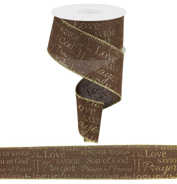 2.5" Religious Words on Royal Ribbon- Brown/Gold  SKU RG01751CC